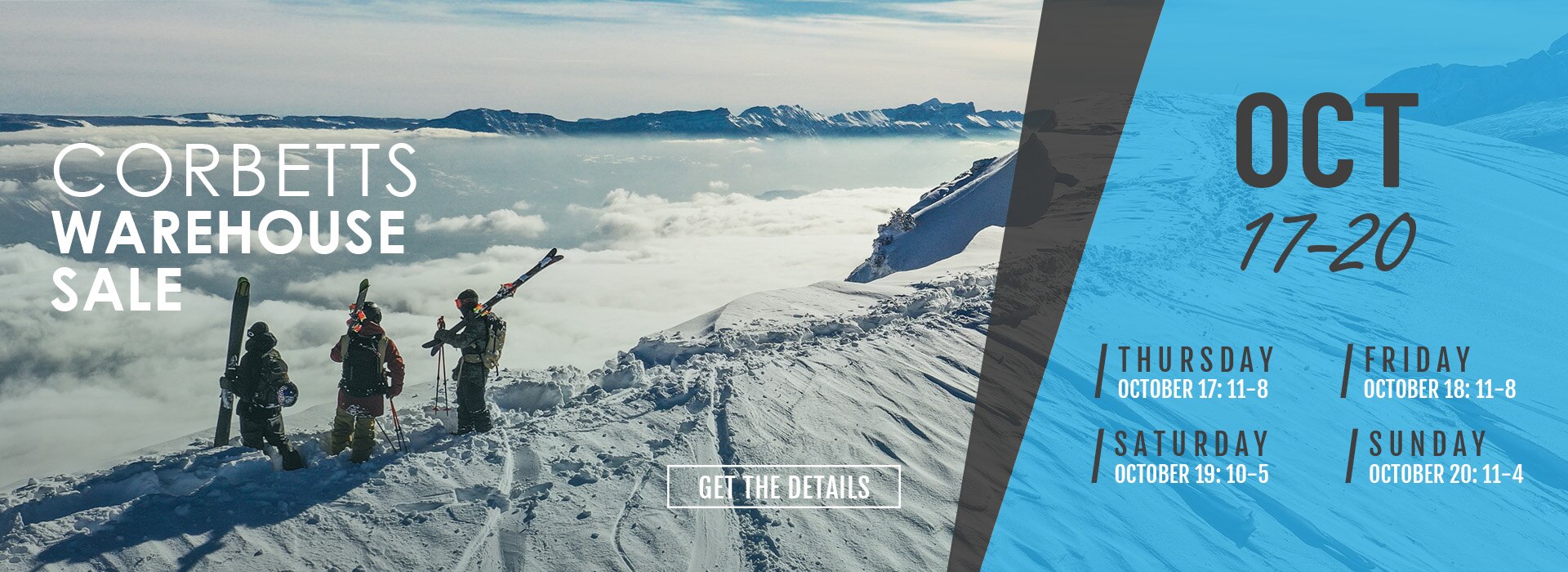 Corbetts warehouse sale banner, kids skis & snowboards